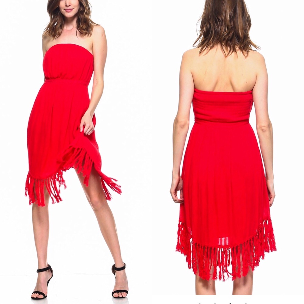 RED STRAPLESS TASSEL DRESS - Picture 2 of 4